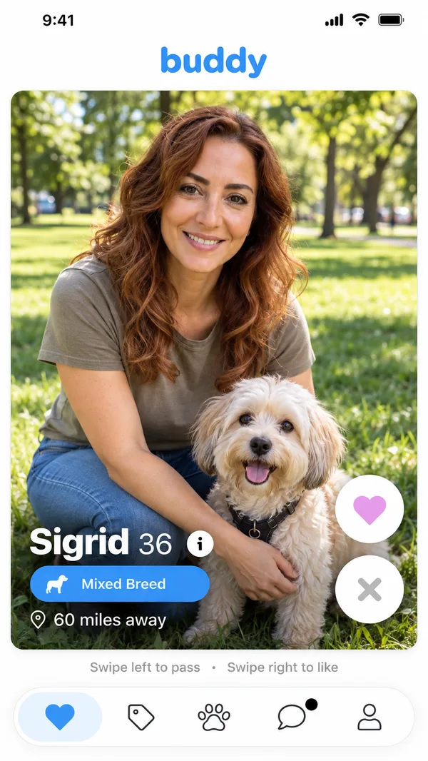 Buddy discovery card showing a profile with breed and distance