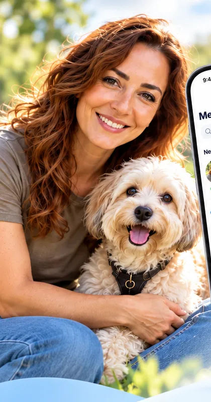 A smiling woman sitting outdoors with her dog