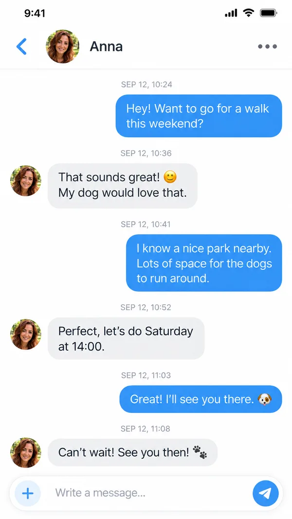 Buddy chat with a match planning a Saturday park walk at 14:00