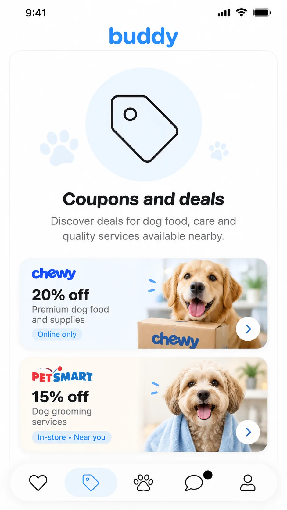 Buddy Coupons and deals screen showing 20% off Chewy dog food and 15% off PetSmart dog grooming